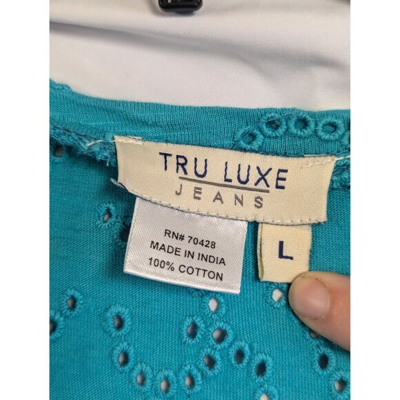 Tru Luxe Jeans Womens Turquoise Ruffled Eyelet Blouse L 100% Cotton - Picture 4 of 6
